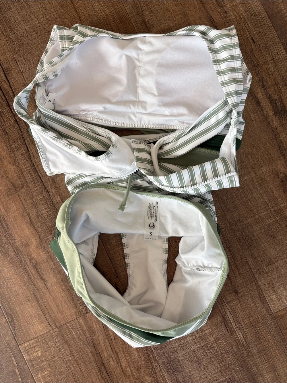 Striped Sage & White Bikini Top with Dark Green Band - Women